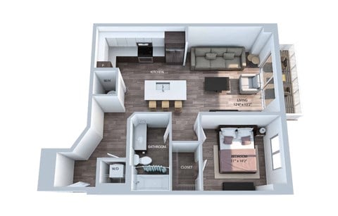 Floor plan for 1 bed, 1 bath, 702 sqft